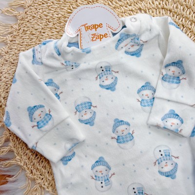 Conj. Body Manga Longa de Plush e Calça Peluciada Boneco de Neve - Azul Bebê